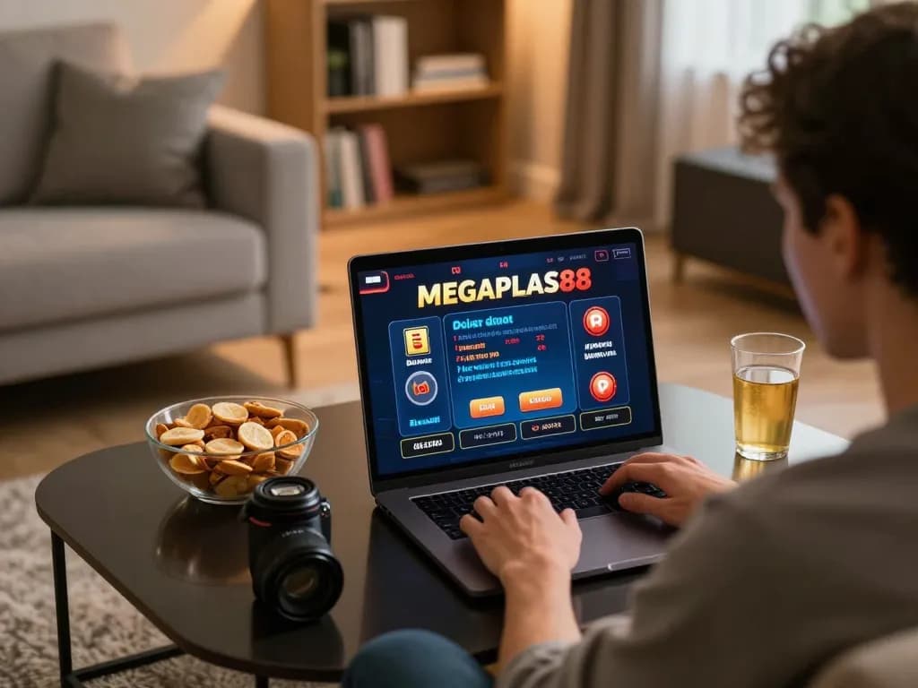 Engaging gameplay on laptop at home with megaplus88 for strategic betting.