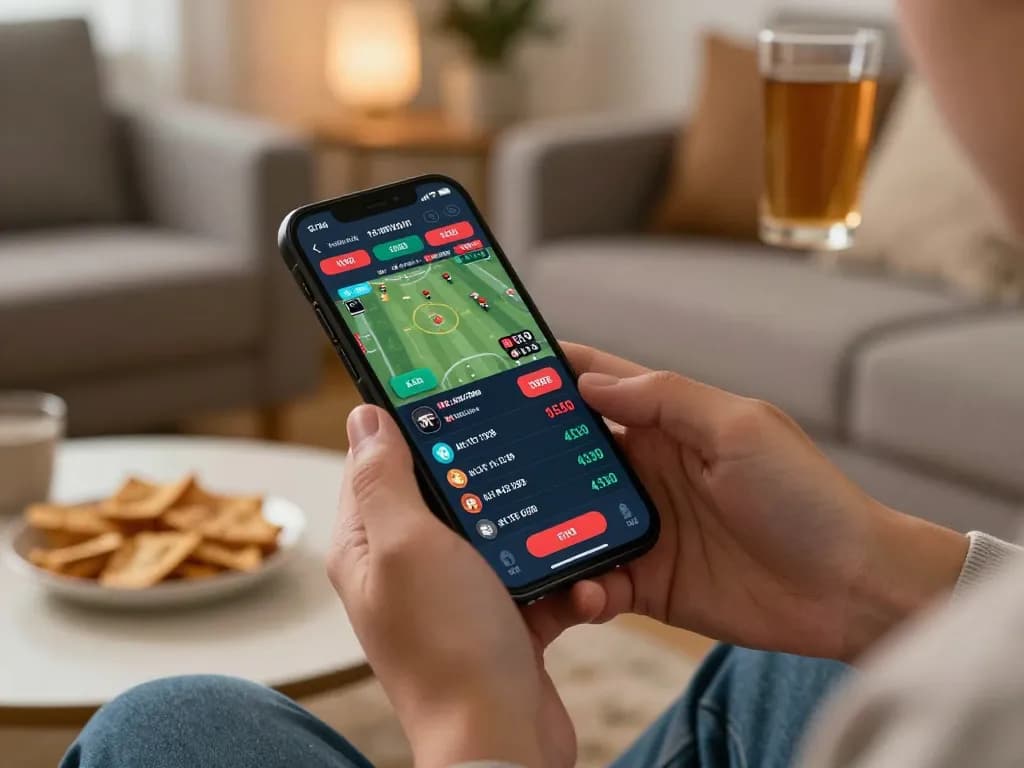 KQBD sports betting on smartphone in cozy home setting, live match updates and odds displayed.