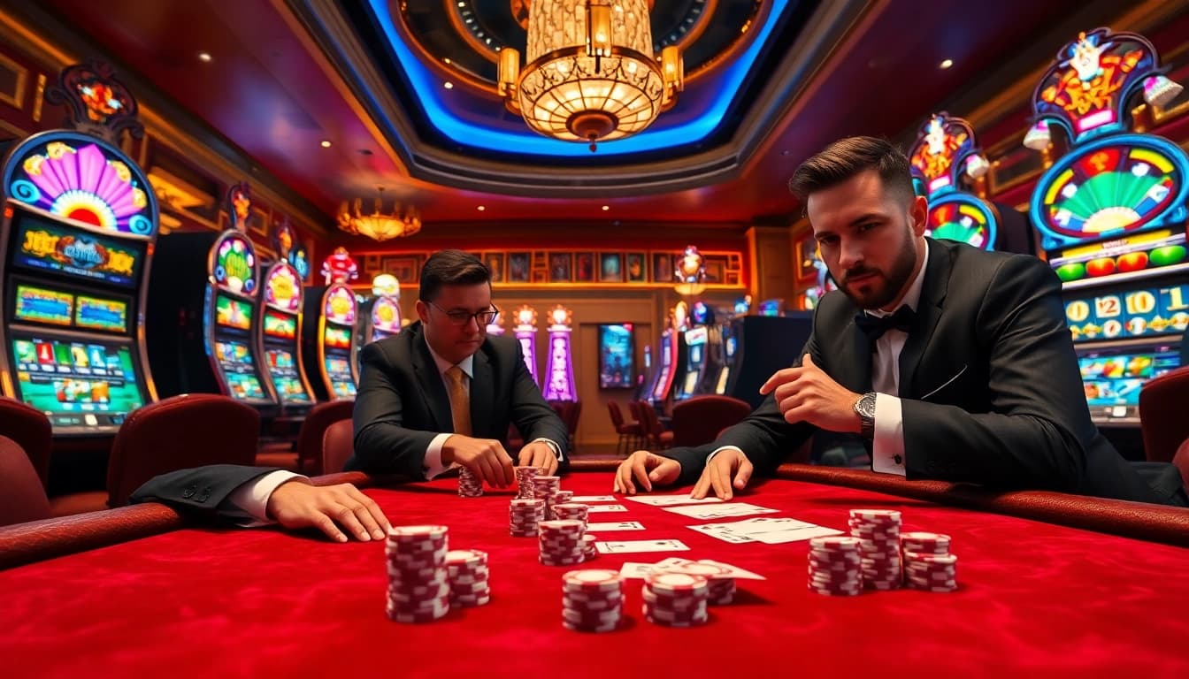 Players winning at idnslot table with vibrant casino atmosphere and stacks of poker chips.