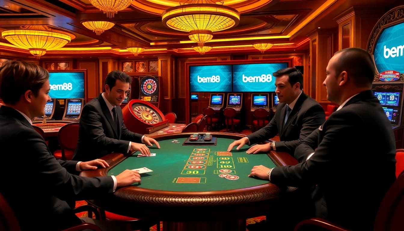 Players enjoying a live blackjack game at bem88 casino, surrounded by luxurious decor and vibrant atmosphere.