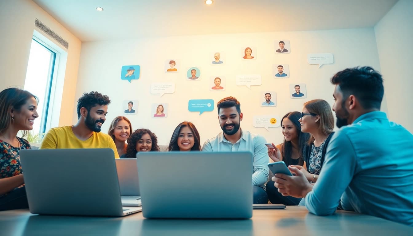 مشهد تفاعلي في شات عربي يظهر أشخاصاً متنوعين يتبادلون الحديث عبر الإنترنت، مع التأكيد على الاتصال والمجتمع.