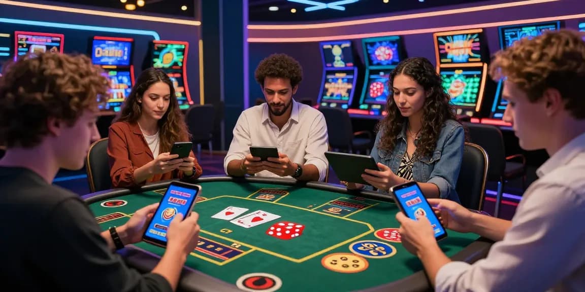 Players exploring new online casinos UK on tablets and smartphones in a vibrant digital environment.