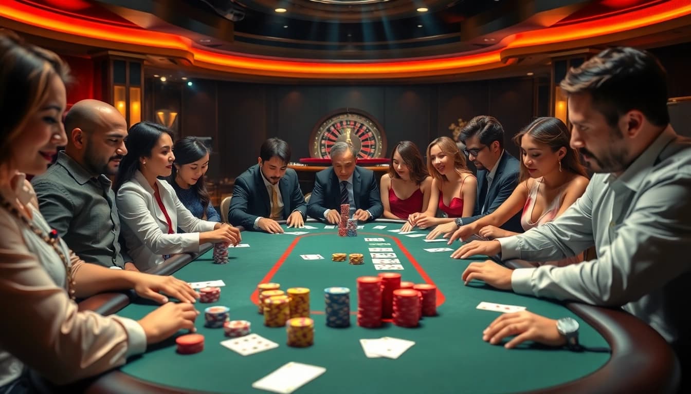 This vibrant casino scene showcases players engaging with poker chips and cards at https://fun79vip.com/, capturing the excitement of gambling.