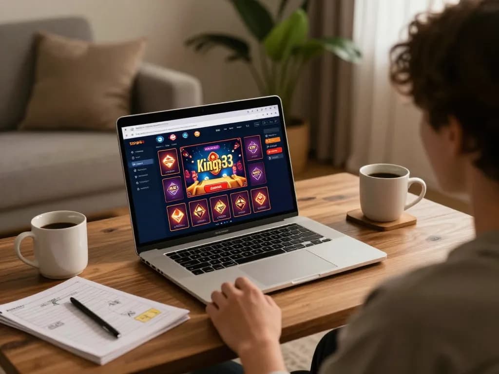 Engaging in gameplay with king33 on a laptop, cozy home atmosphere showcasing online casino gaming.