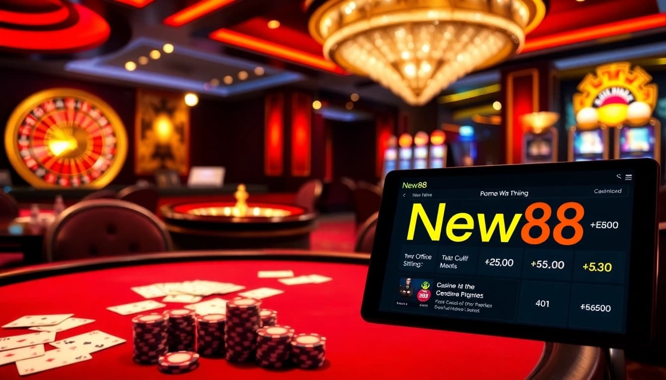 Experience thrilling gaming at New88 with a luxurious poker setup surrounded by vibrant casino elements.