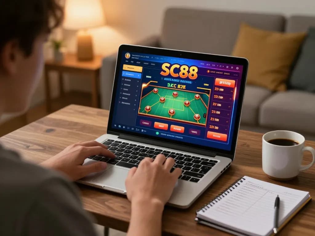 Engaging online gaming moment at SC88 with laptop and strategy notes