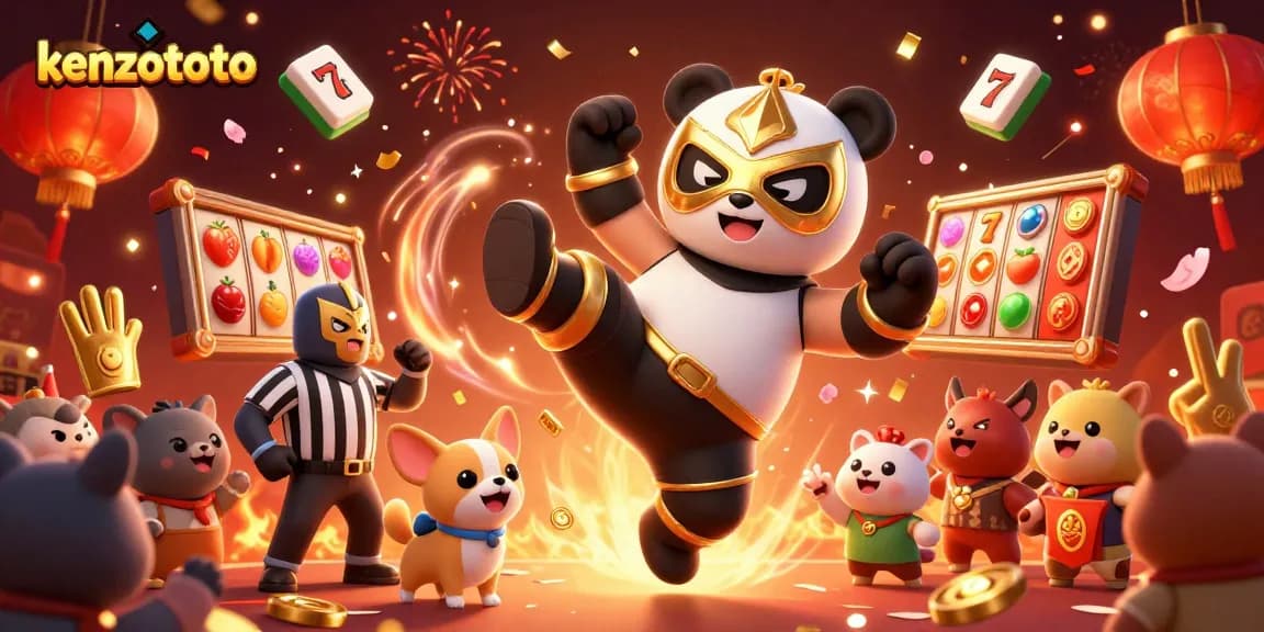 Experience the excitement of kenzototo with a vibrant scene of a golden lucha libre panda kicking in a dynamic casino backdrop