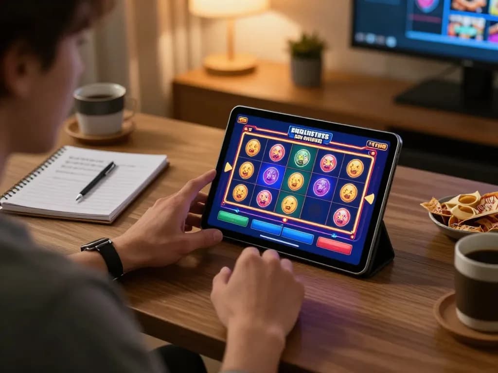 A person enjoying aman788 slot online gameplay on a tablet in a cozy home office.