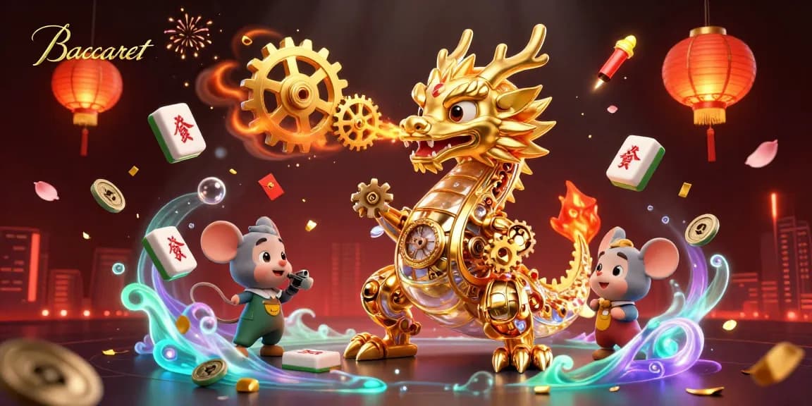 Baccarat action with a golden dragon and fortune symbols illuminating a casino scene.
