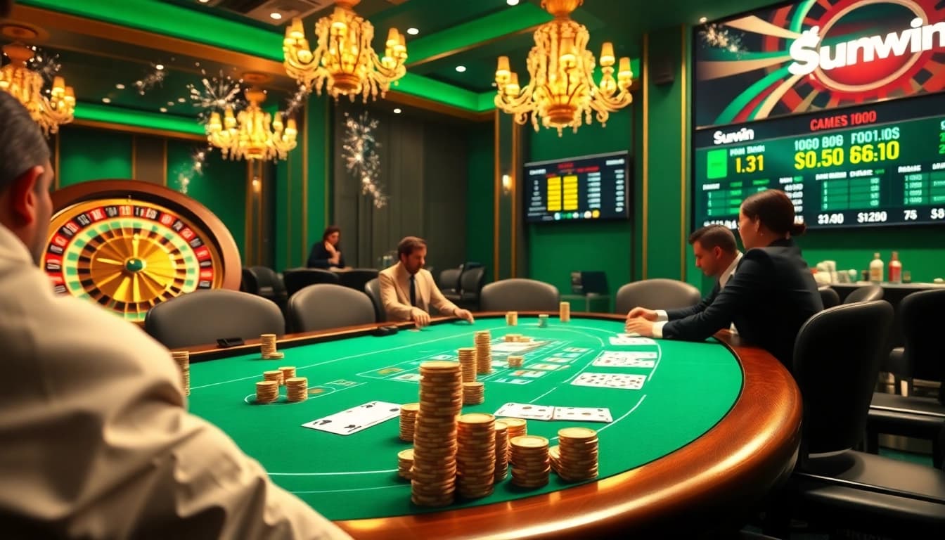 Players strategizing at a sunwin poker table in a luxurious casino environment.