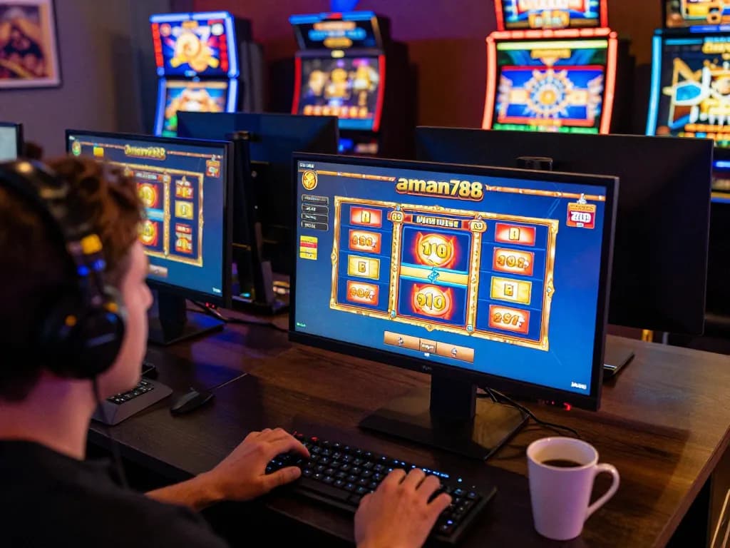 Memainkan aman788 slot online dalam pengaturan permainan di rumah yang nyaman, menampilkan grafik yang cerah dan animasi kemenangan.