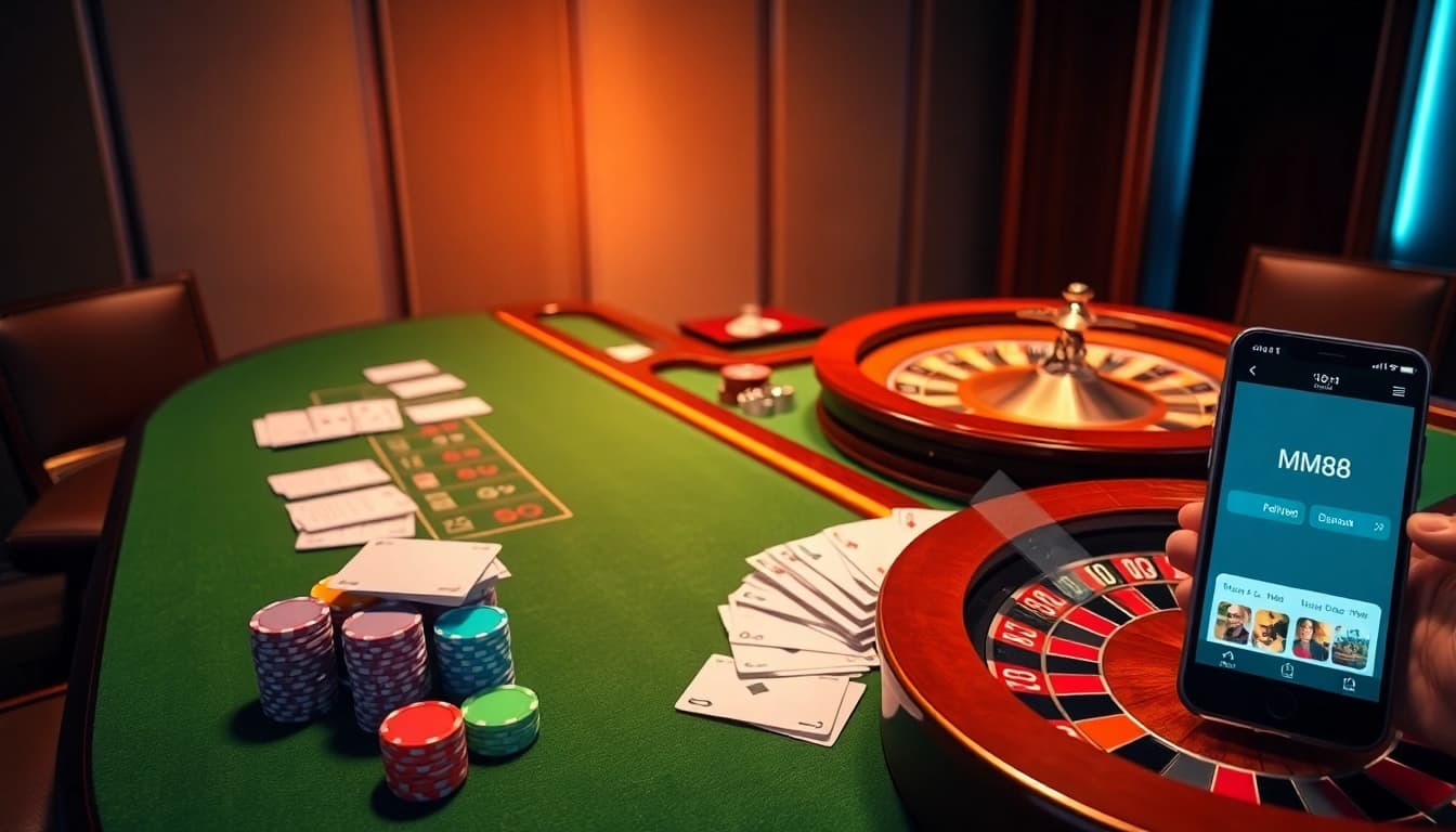 Engage with MM88’s vibrant casino atmosphere, featuring colorful chips and betting slips.