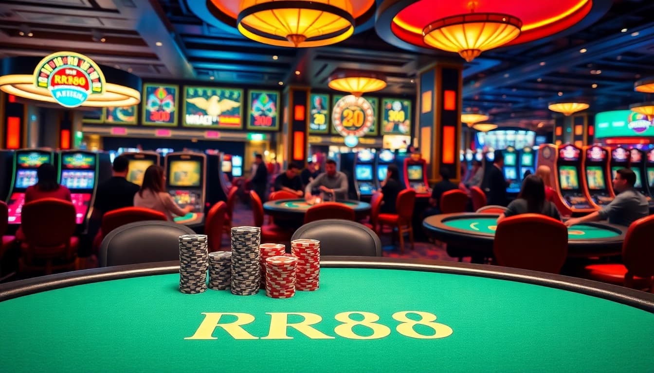 Exciting RR88 casino scene featuring poker table, roulette wheel, and vibrant slot machines.