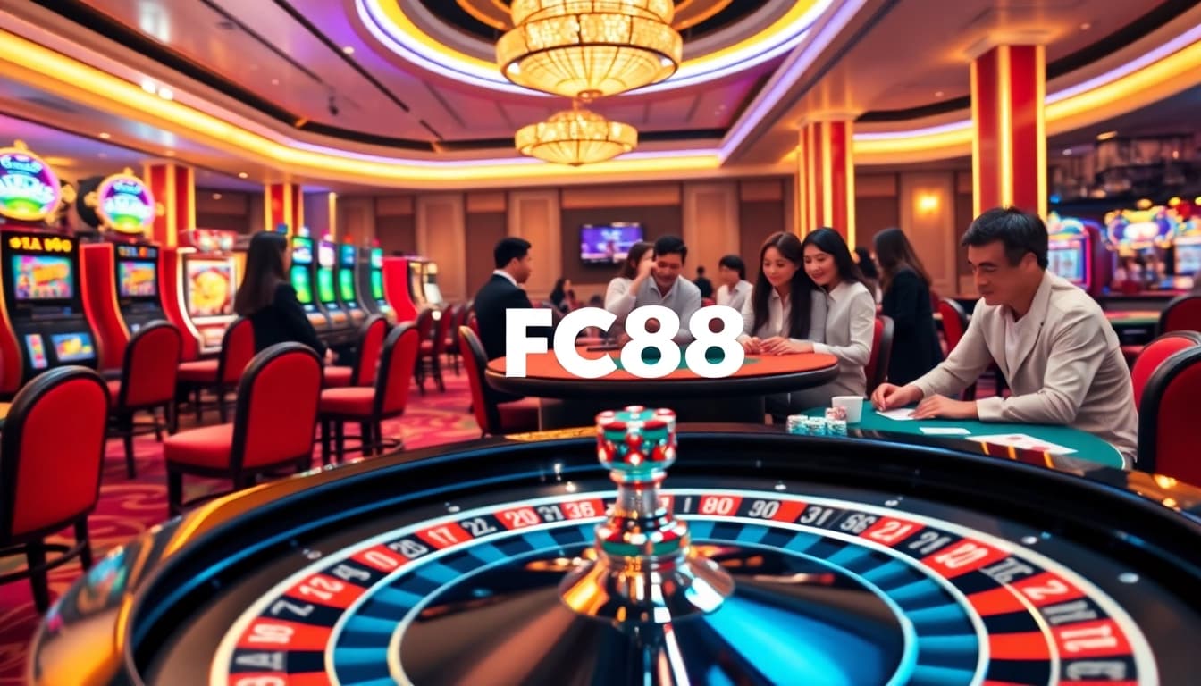 FC88 players engaging in a thrilling card game at an upscale online casino.