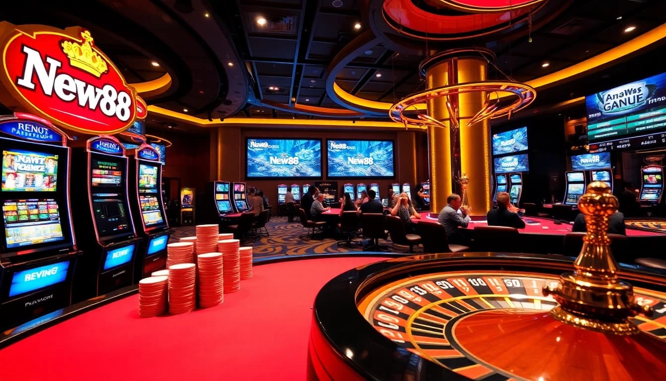 Players enjoying exciting games at New88 casino, showcasing vibrant slot machines and poker tables.