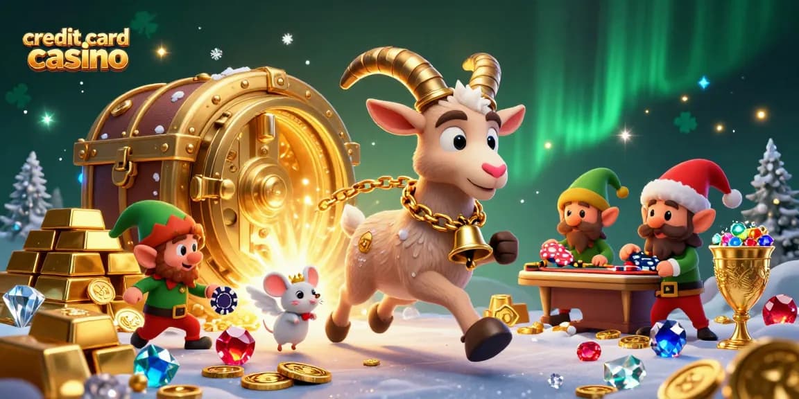 Engage in the festive atmosphere of a credit card casino with Krampus, an angel mouse, and naughty gremlins amid dazzling treasures.