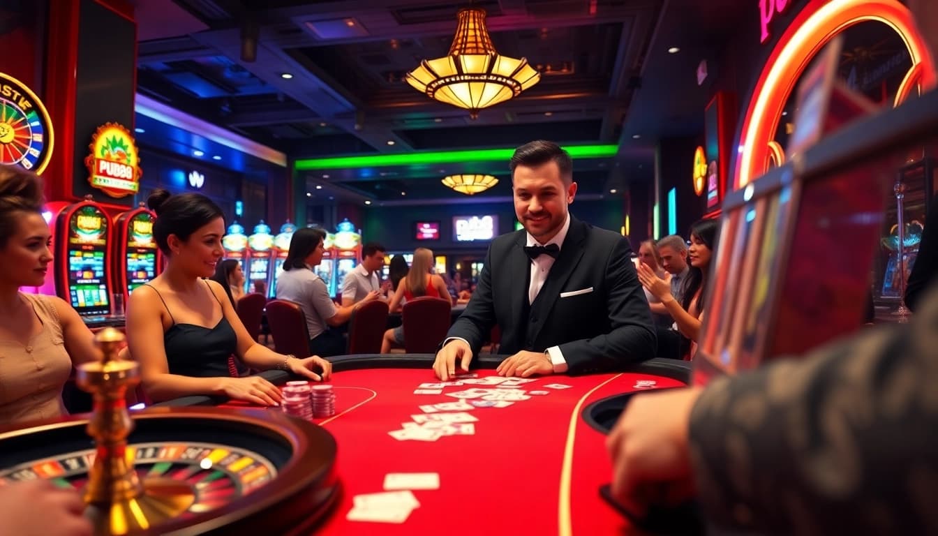 Punters engaging in a thrilling poker game at pub88 casino, with vibrant colors and professional dealer.
