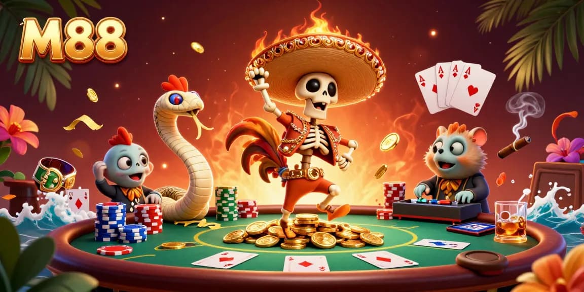 M88 captures the excitement of winning at online poker with vibrant characters and casino elements.