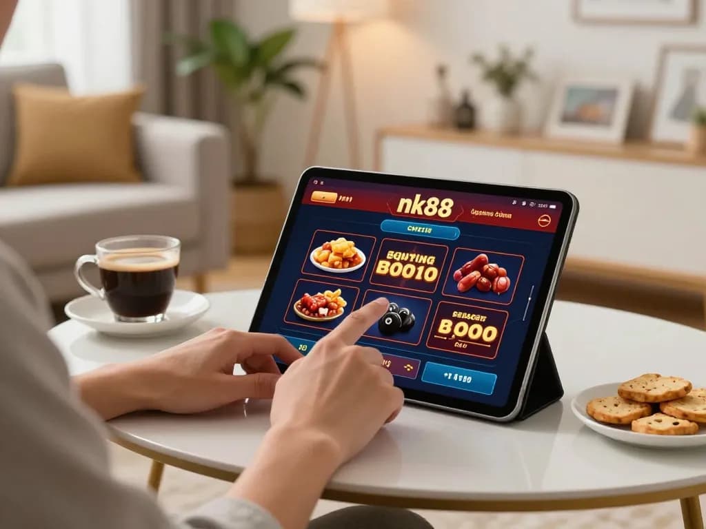 Engaging with nk88 casino app on a tablet in a cozy home environment.