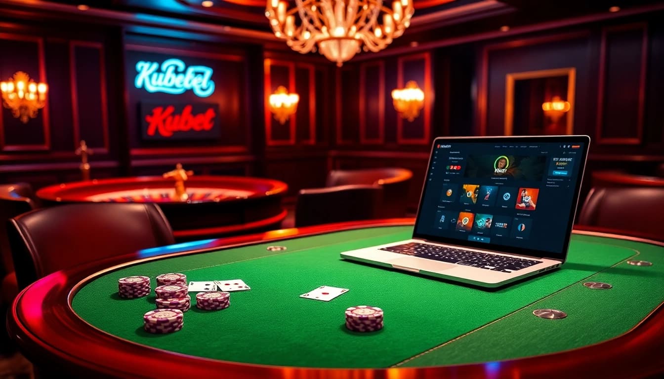 Kubet poker table with chips and cards showcasing a thrilling gambling experience.