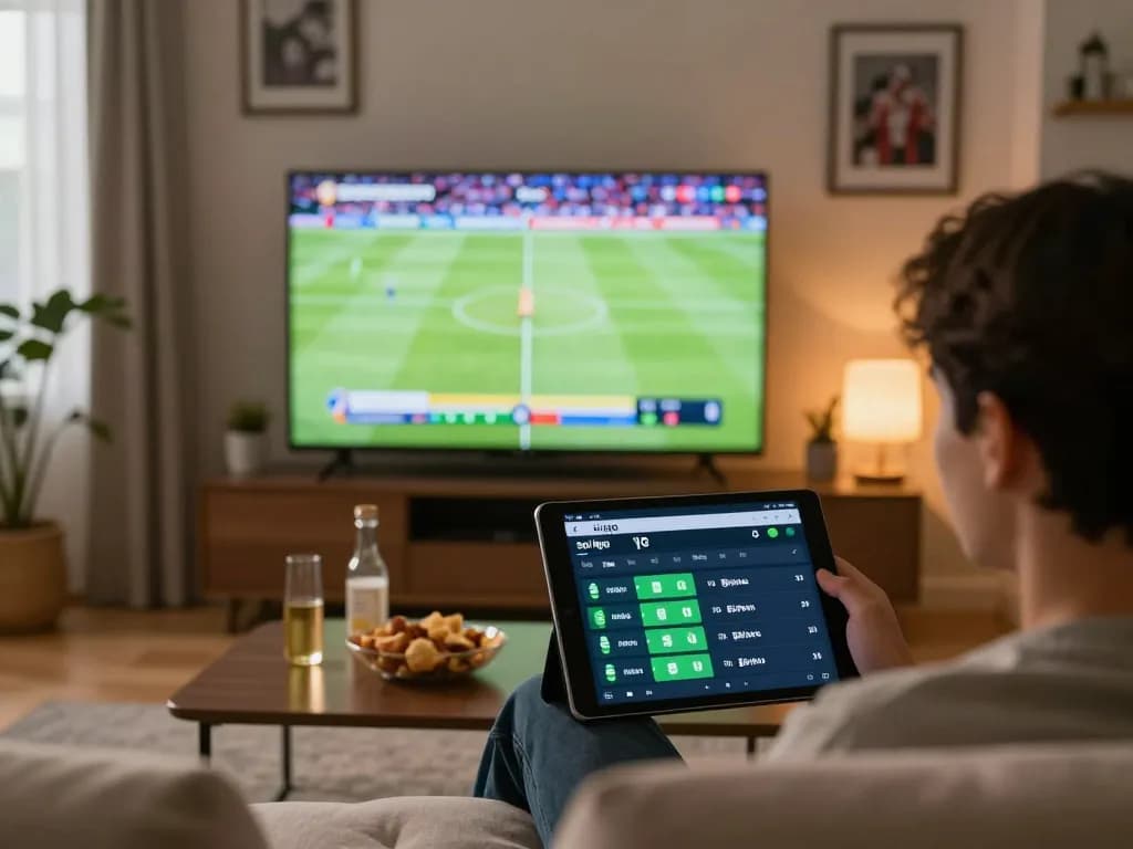 Soi kèo betting strategy displayed on tablet during an exciting sports match at home