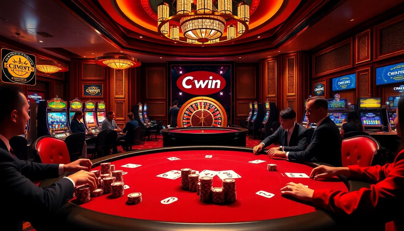 Cwin gamblers enjoying a live poker game with vibrant chips and cards at an upscale casino.