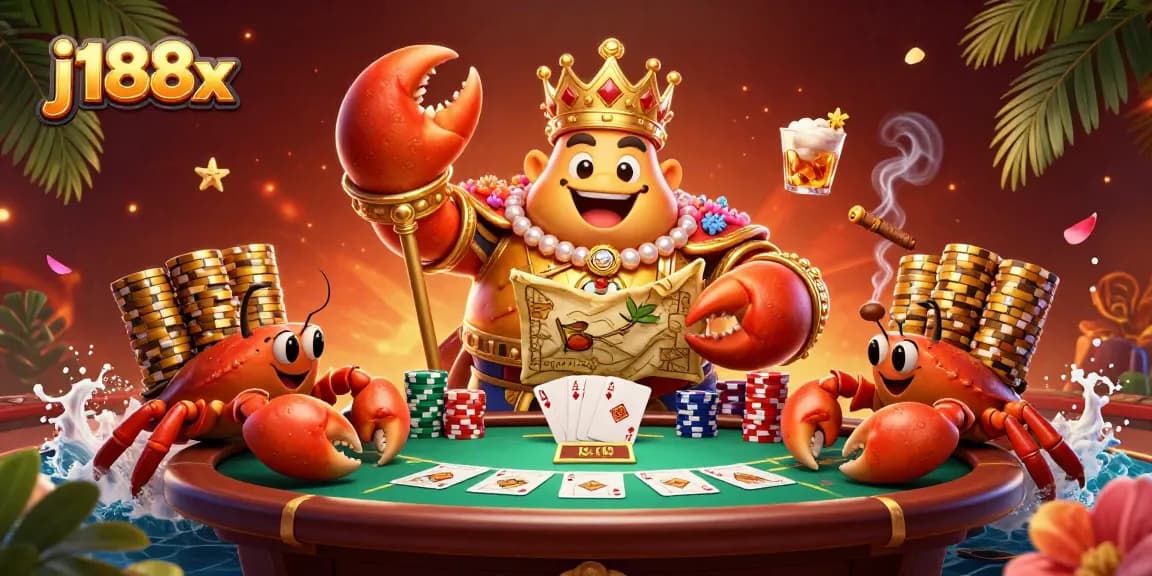 Engage in 3D casino adventures with j188x, featuring a golden crab emperor and poker elements.