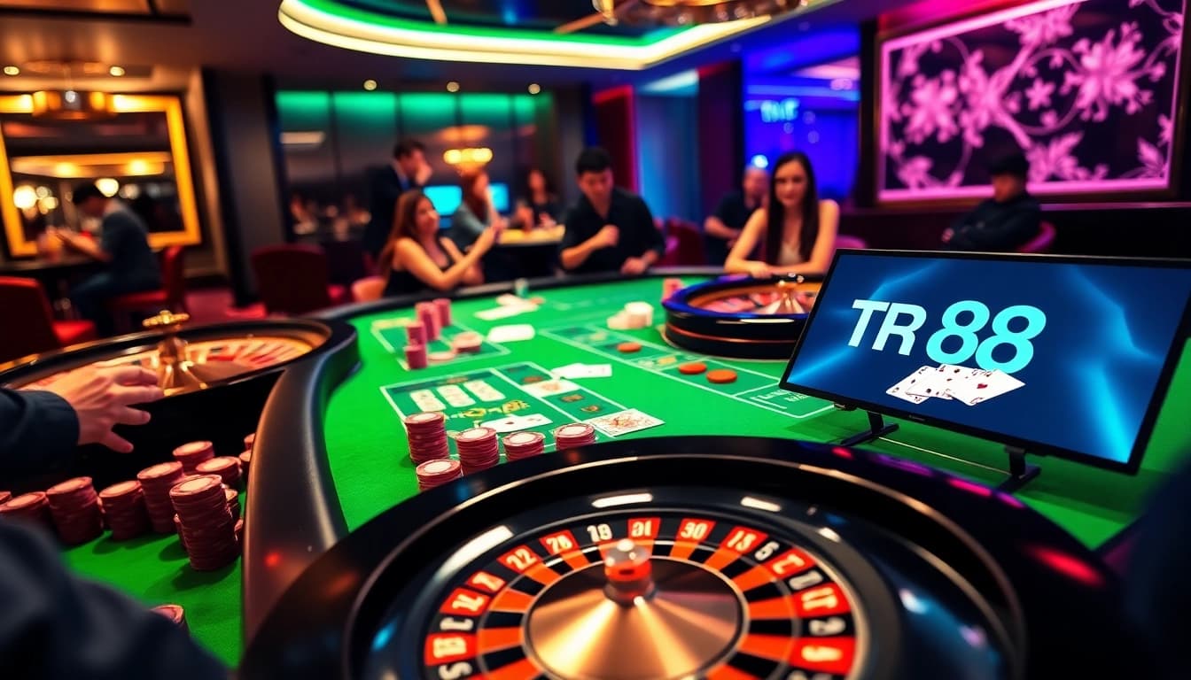 Engaging in exciting gambling activities at TR88 casino with poker chips and roulette wheel.