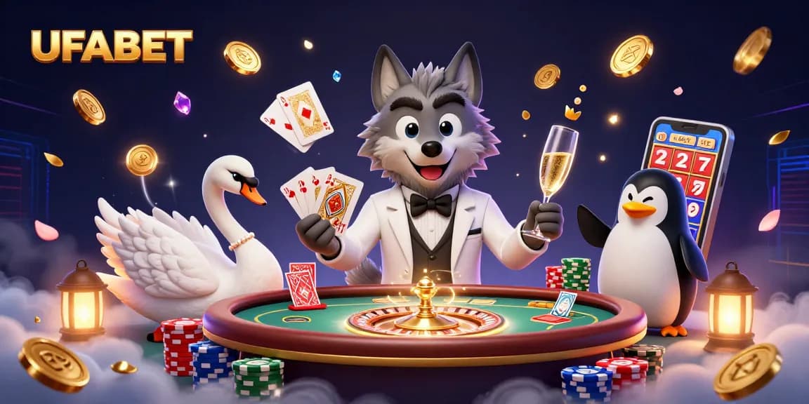 Experience the excitement of UFABET with a dynamic casino scene featuring charming characters and vibrant gaming elements.