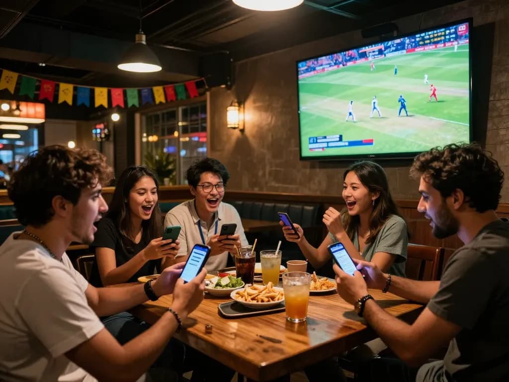 Friends using the Jeetbuzz app to place bets while watching live cricket.
