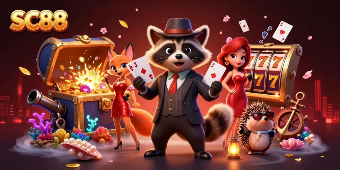 Experience thrilling wins at SC88 with a charming raccoon holding a royal flush, illuminated casino elements, and lively characters.