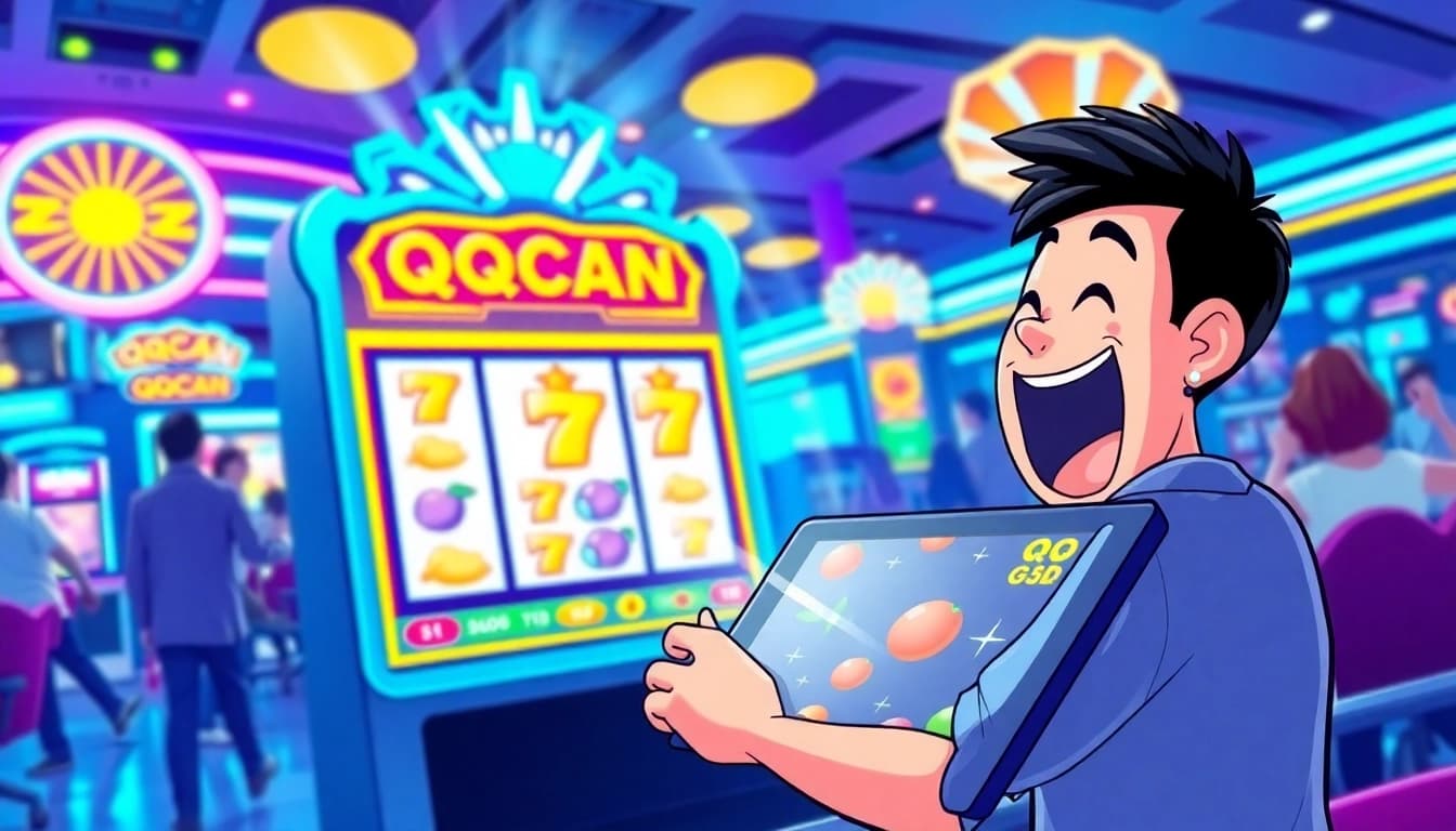 Bermain qq macan game dengan karakter animasi gembira di latar kasino yang cerah.