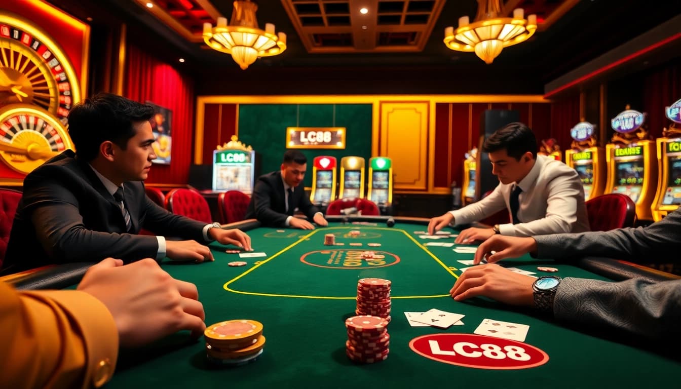 High-stakes poker action at an LC88 casino table with dynamic gameplay and luxury atmosphere.