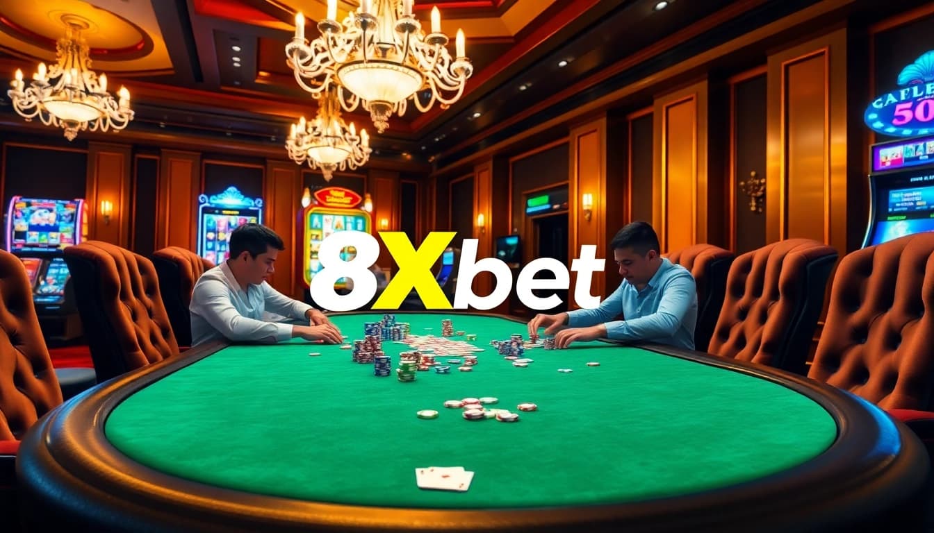 Experience the excitement of gambling at 8Xbet with a vibrant casino scene featuring poker tables and slot machines.
