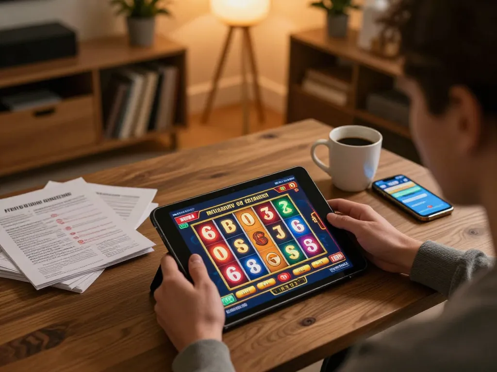 Player engaging with AZTEC888 slot games online on tablet, cozy home setting with strategy notes