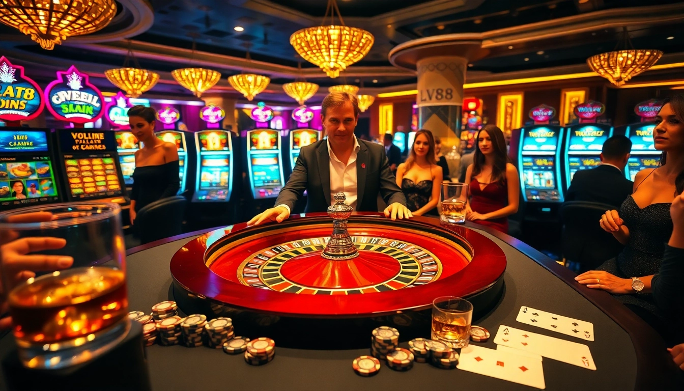 Players enjoy thrilling games at LV88 casino tables with vibrant roulette wheels.