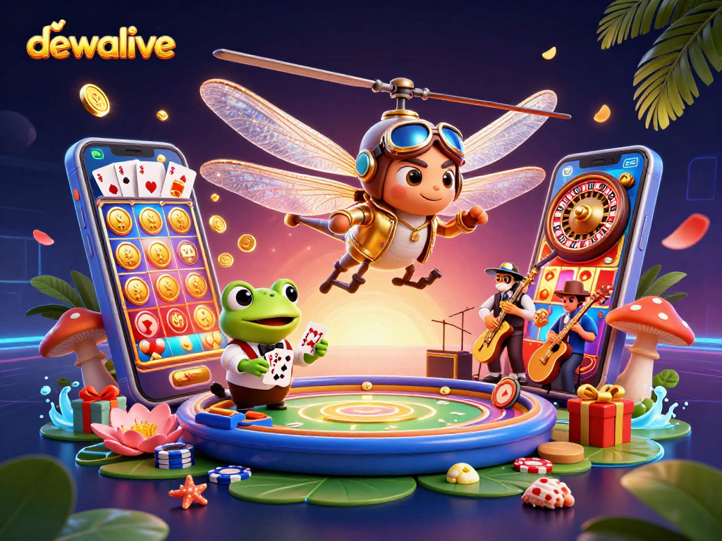 Permainan kartu di Dewalive dengan dealer katak, diorama kasino dunia maya yang dinamis.