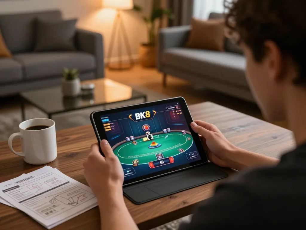 Experience online gaming at BK8 with a cozy home setup, featuring a tablet display and strategy notes.