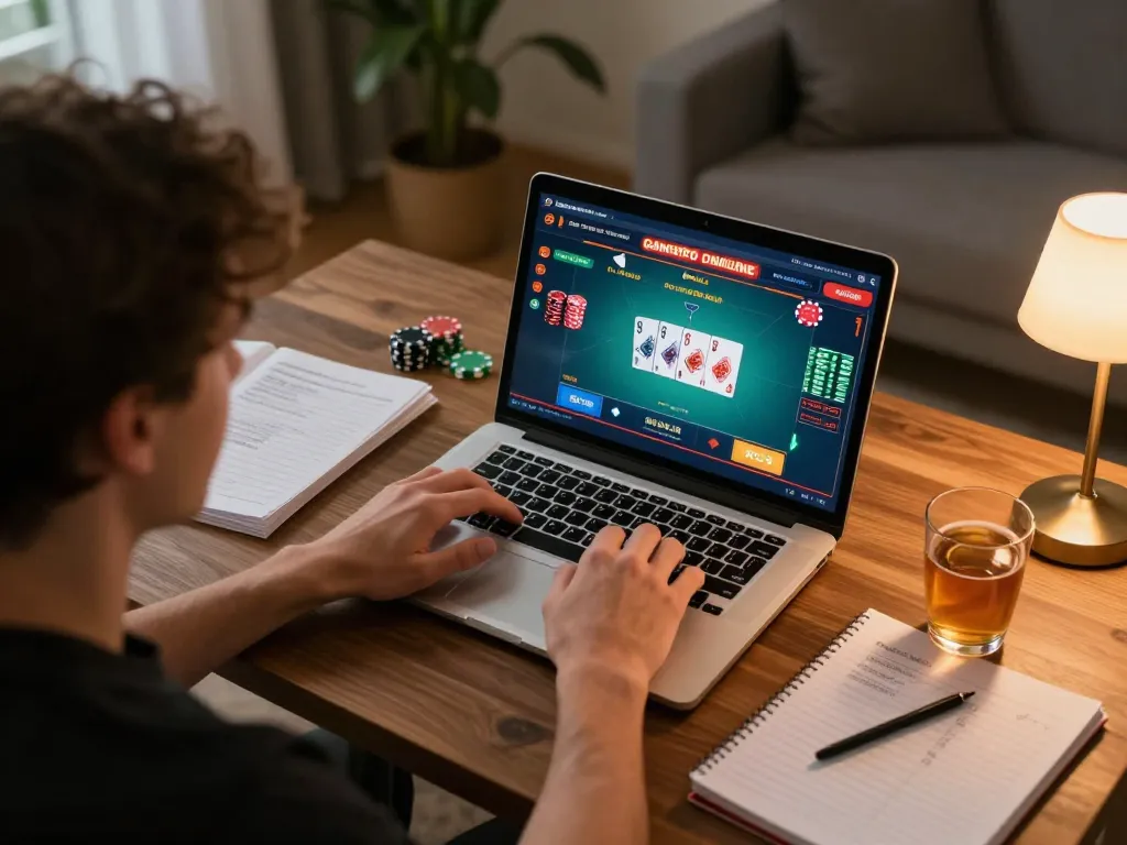 Player engaging in non gamstop poker game on laptop, showcasing strategic gameplay environment