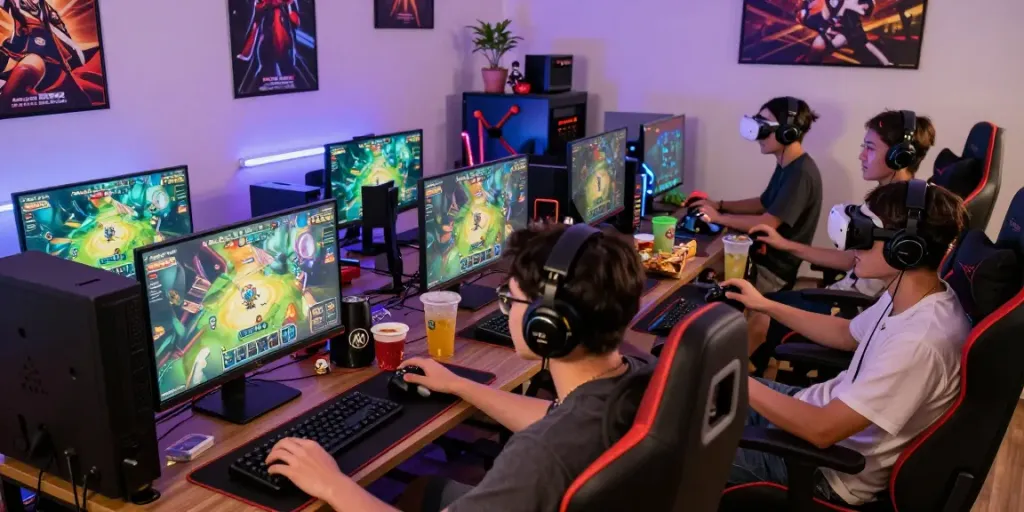 Grup teman bermain ratutogel di ruang gaming modern dengan dekorasi menarik.
