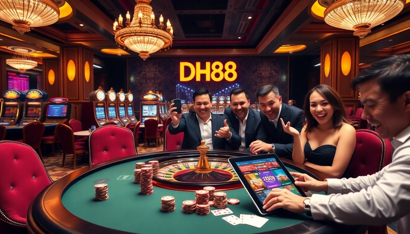 DH88 casino scene showcasing players celebrating wins at roulette and slot machines, infused with excitement.