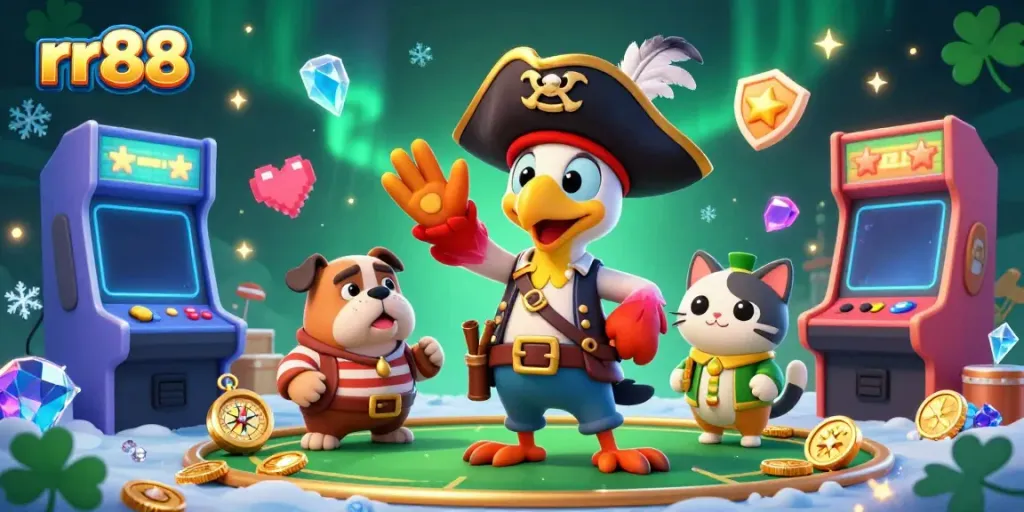 Experience thrilling casino action with rr88's engaging characters in a vibrant digital scene full of gaming elements.
