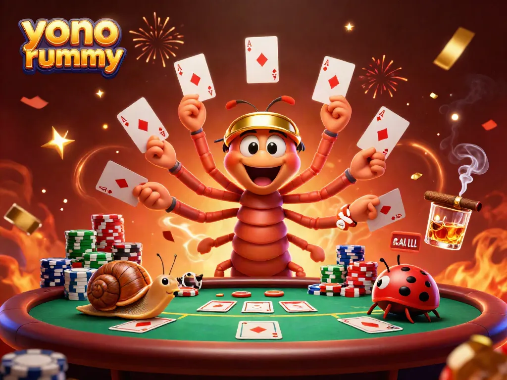 Gambarkan keasyikan permainan yono rummy dengan karakter dealer unik dan suasana meriah.