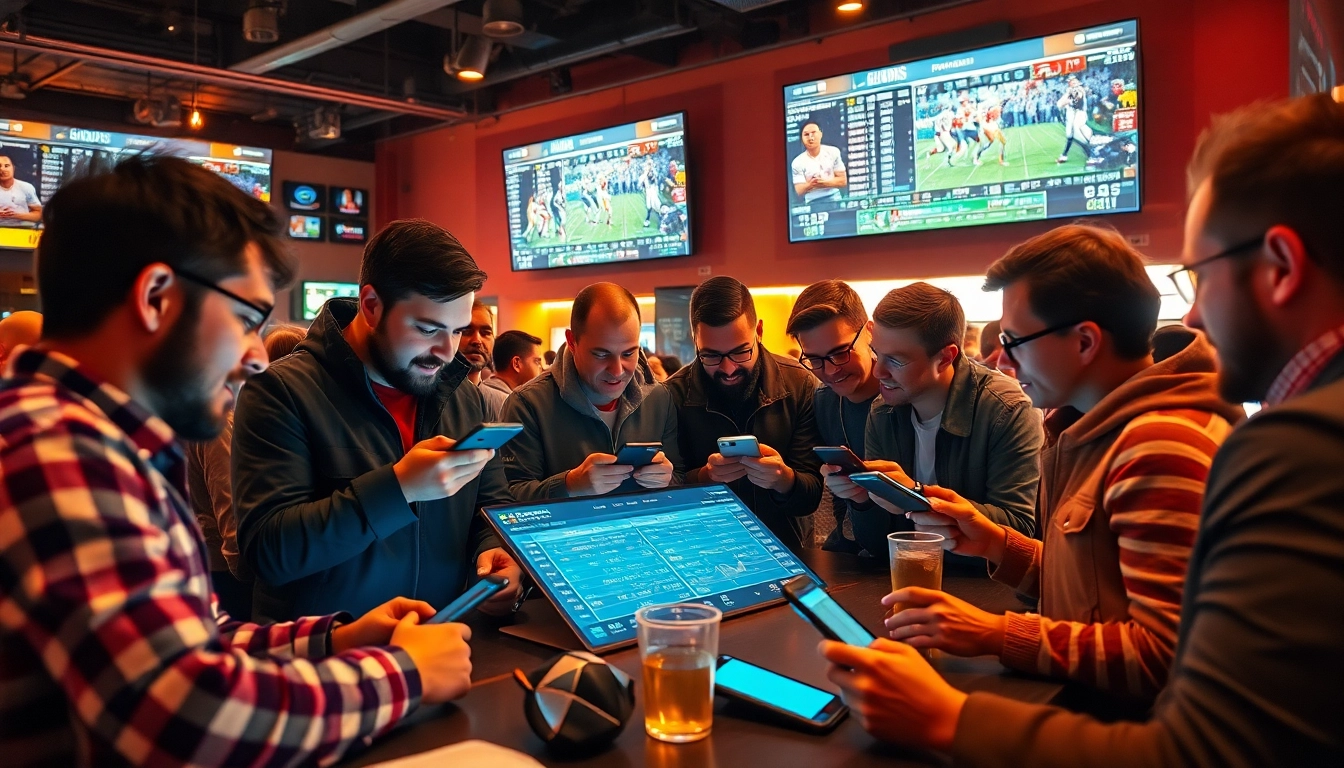 Engaging atmosphere of online Betting enthusiasts analyzing sports data in a lively setting.