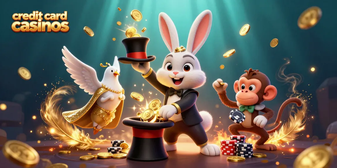Celebrate with credit card casinos featuring a magician rabbit, dove, and monkey amidst gold and sparks.