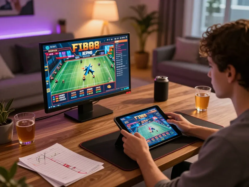 Player engaging with F168 casino app on tablet in cozy home setting, showcasing online gambling experience.
