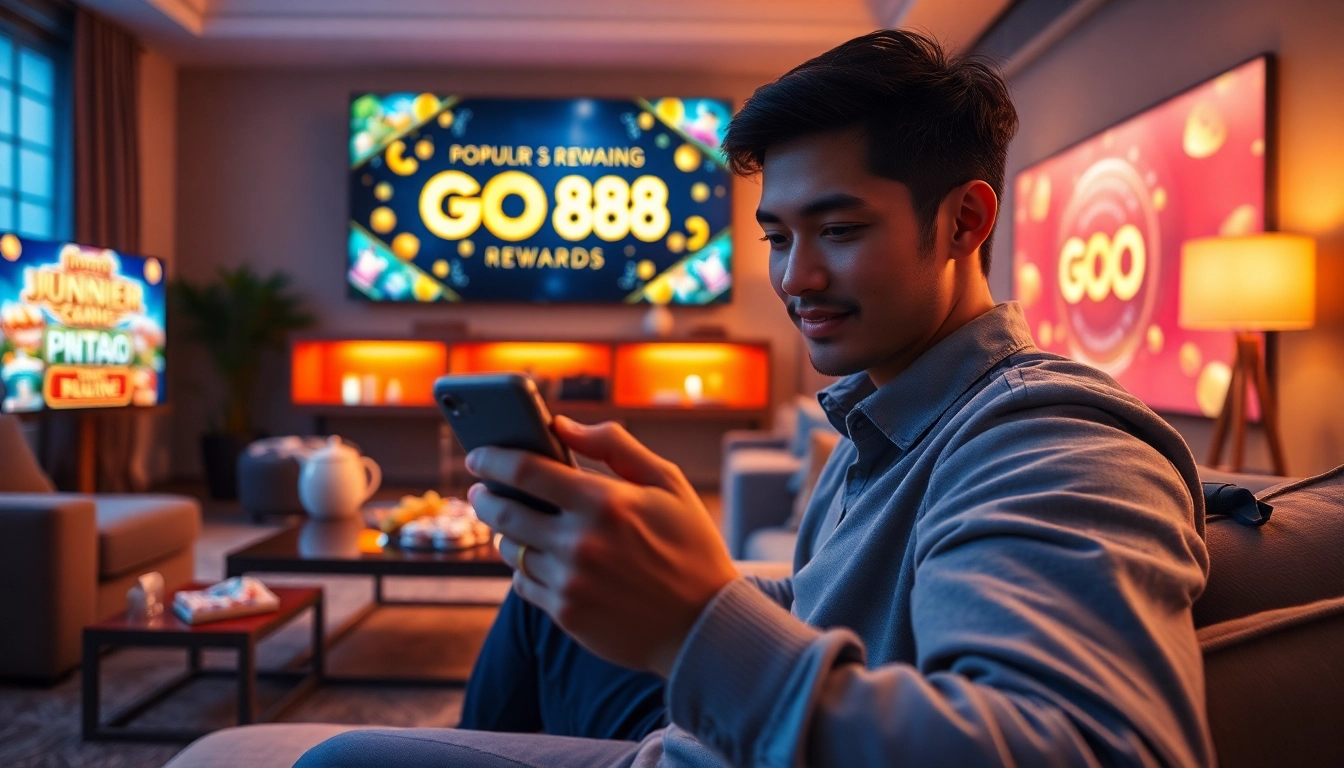 Exciting GO 88 gaming experience with user interacting on smartphone in a cozy setting.