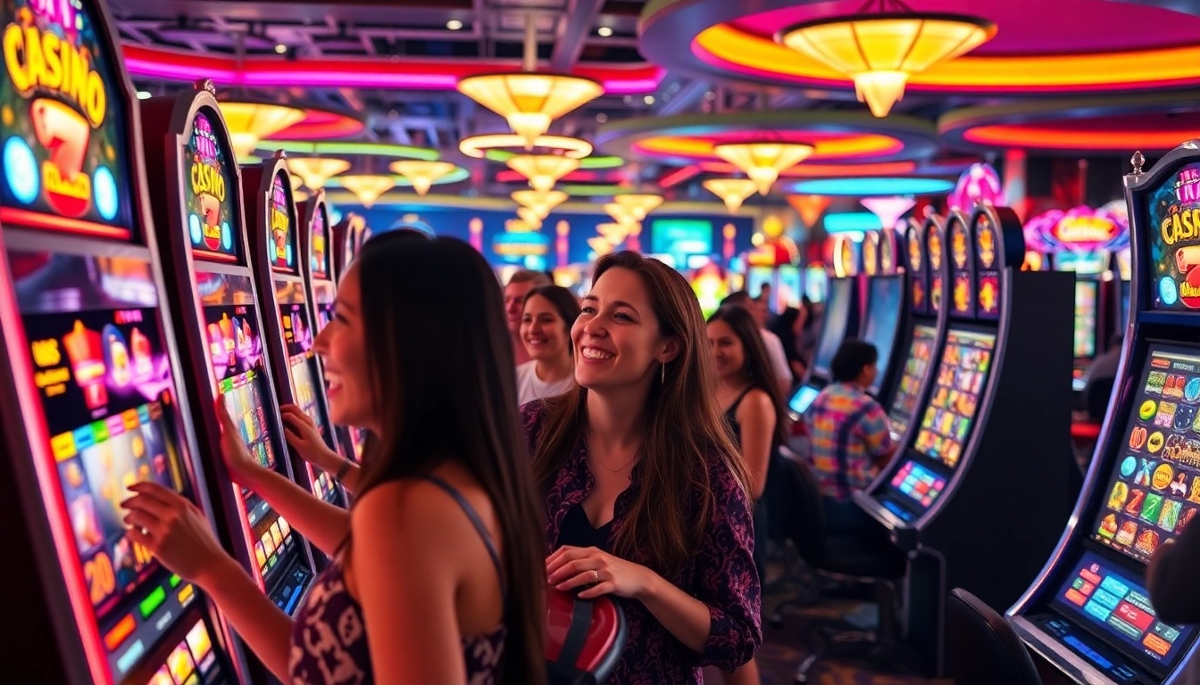 Spieler genießen casino online spiele in einem lebhaften Casino mit bunten Spielautomaten.