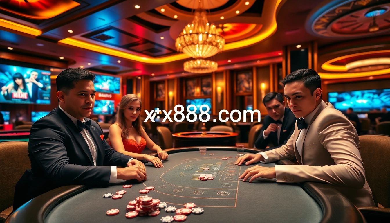 Exciting poker game at xx88 com with vibrant casino ambiance and high-stakes action.