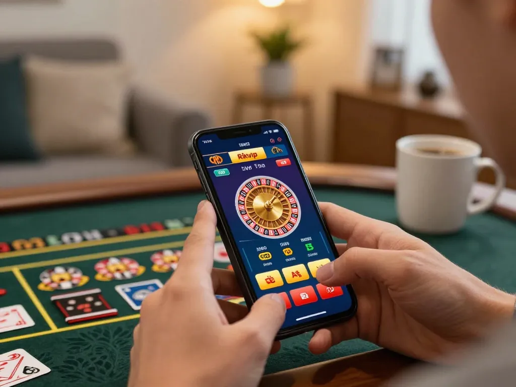 Player enjoying Rikvip mobile casino games on smartphone in a cozy home setting